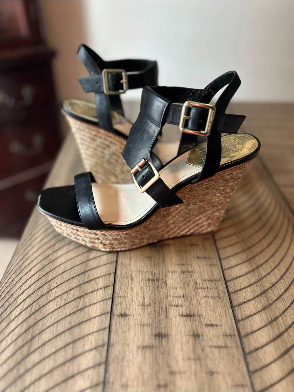Vince Camuto Black Double Buckle Block Heel Sandals - Picture 6 of 10
